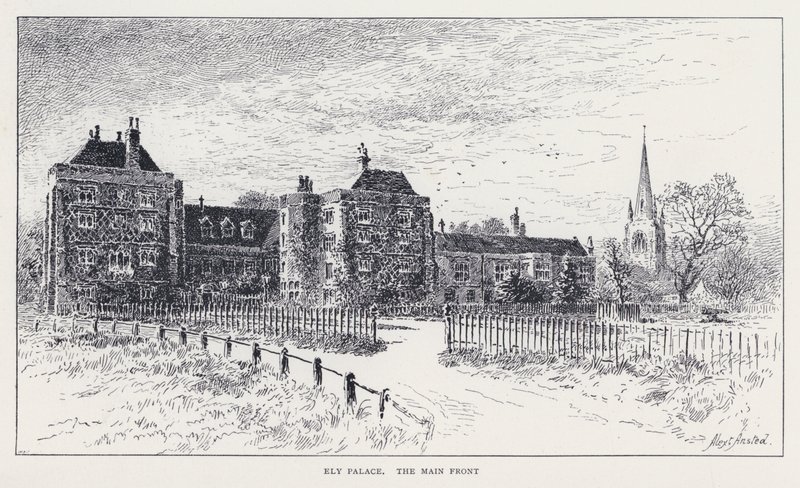 Ely Palace, de hoofdgevel (gravure) door William Alexander Ansted