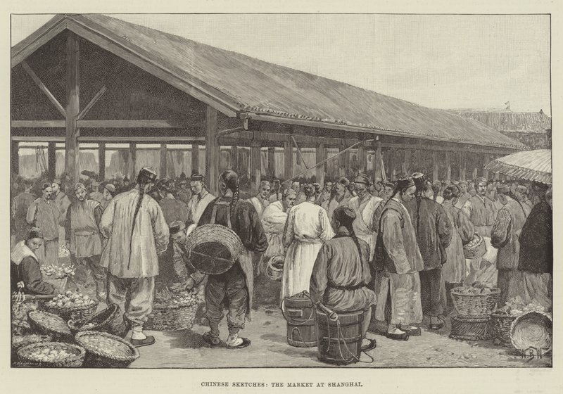 Chinese schetsen, de markt in Shanghai door William Barnes Wollen