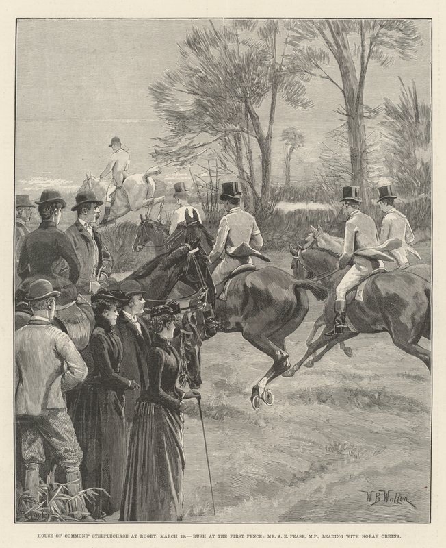 Steeplechase van het Lagerhuis in Rugby, 29 maart, stormloop bij de eerste hindernis, Mr A E Pease, MP, leidt met Norah Creina door William Barnes Wollen
