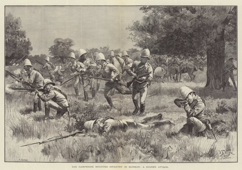 De Hampshire Bereden Infanterie in Birma, een Plotse Aanval door William Barnes Wollen