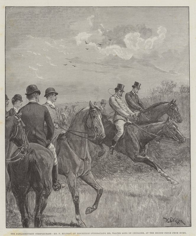 De parlementaire steeplechase, Mr F Mildmay op Discretion haalt Mr Walter Long op Crusader in, bij de tweede hindernis van huis door William Barnes Wollen