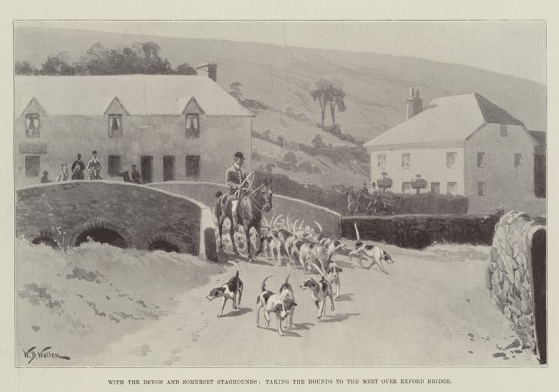 Met de Devon en Somerset Staghounds, de Honden naar de Bijeenkomst brengen over Exford Bridge door William Barnes Wollen