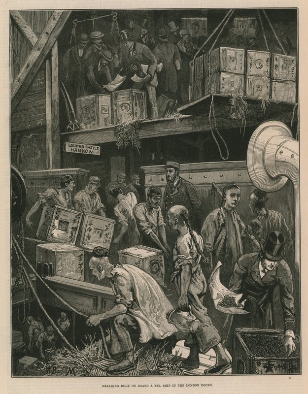 Lading lossen op een theeschip in de dokken van Londen (gravure) door William Bazett Murray