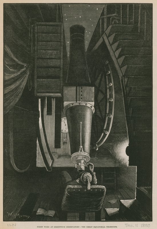 Nachtwerk bij het Greenwich Observatorium; De grote Equatoriale Telescoop door William Bazett Murray