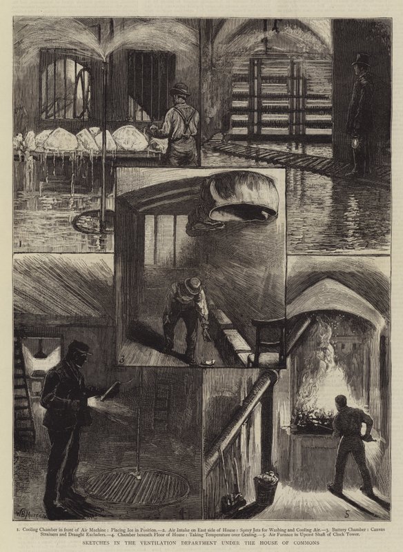 Schetsen in de ventilatieafdeling onder het Lagerhuis door William Bazett Murray
