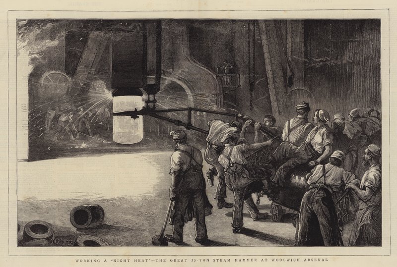 Werken aan een Nachtwarmte, de Grote 35-Ton Stoomhamer bij Woolwich Arsenal door William Bazett Murray