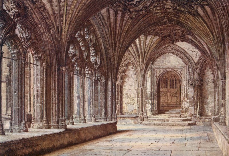 Deur van de kloosters naar de martelaarskapel, Canterbury Cathedral (kleur litho) door William Biscombe Gardner