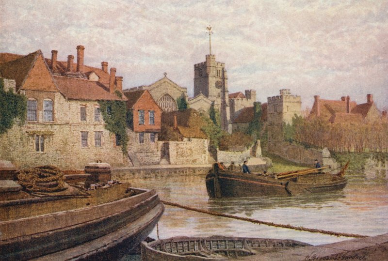 Maidstone, Achter het Oude Paleis, de Kerk en het Oude College vanaf de overkant van de Medway door William Biscombe Gardner