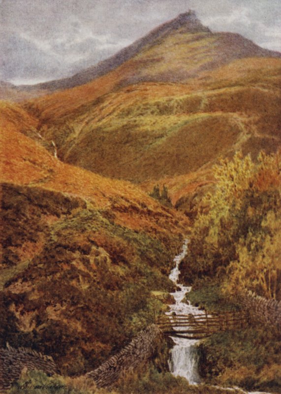 De Nab en Golden Clough vanuit Grindslow Dell, Edale (kleur litho) door William Biscombe Gardner