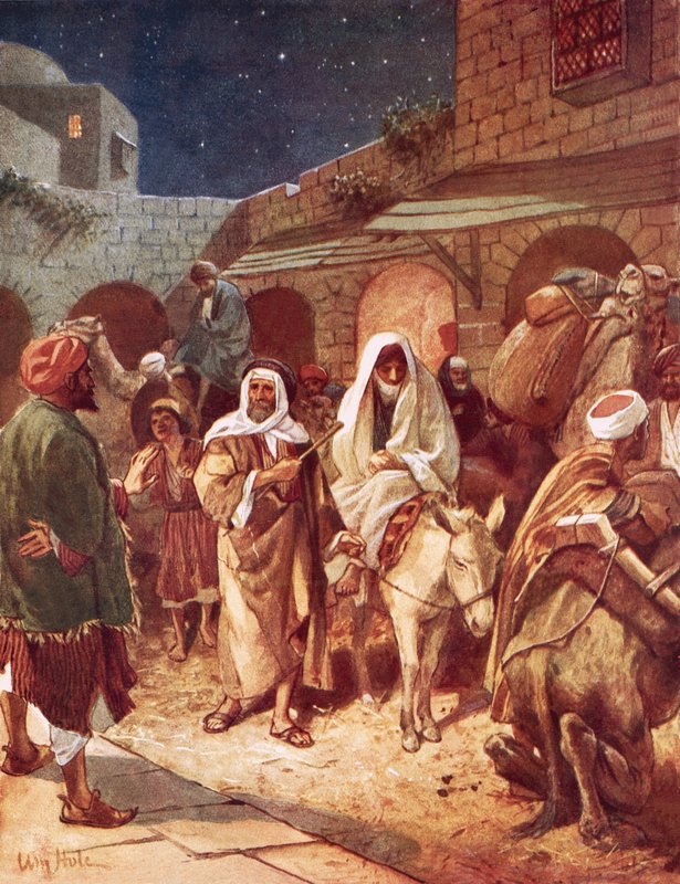 Jozef en Maria arriveren in Bethlehem, maar vinden geen plaats in de herberg door William Brassey Hole