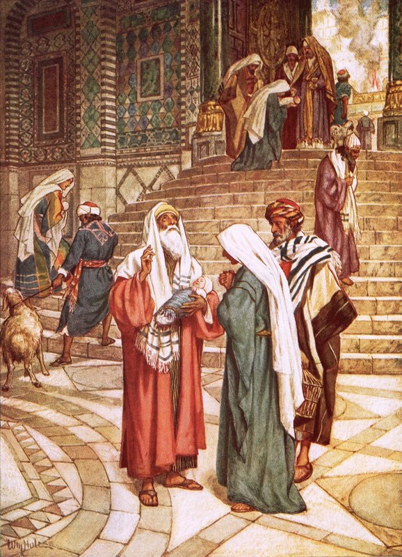 Het kind Jezus naar de tempel gebracht en door Simeon als de redder herkend door William Brassey Hole