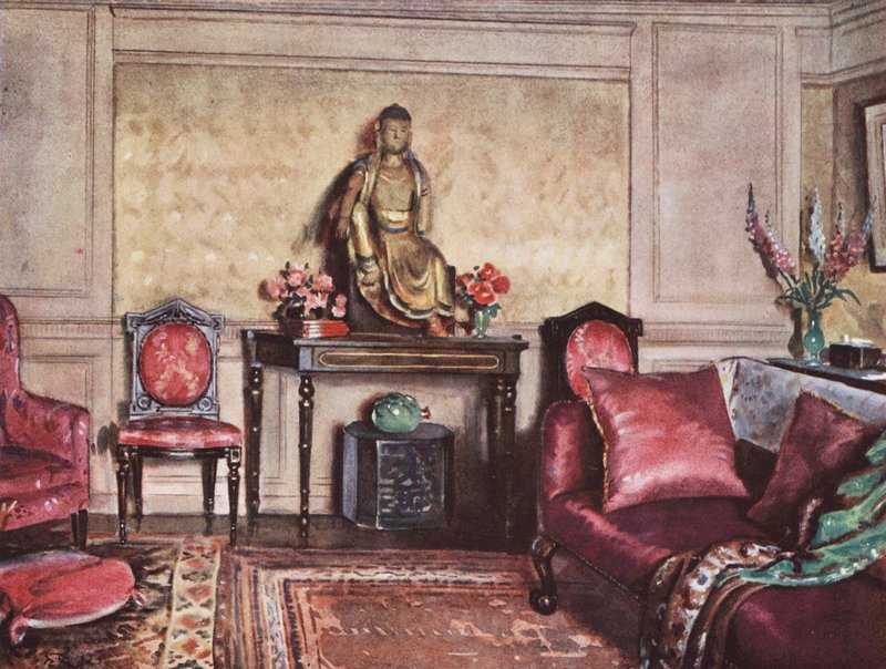 Interieurdecoratie: Een inrichtingsschema met een succesvolle toepassing van roze tinten door William Bruce Ellis Ranken