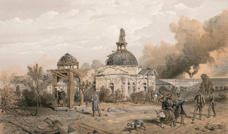 Kerk achter de Redan, kijkend naar het noorden, met de effecten van schoten en granaten door William Crimea Simpson