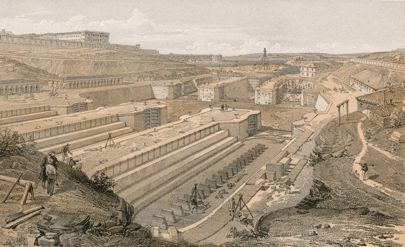 Dokken in Sebastopol met ruïnes van Fort St. Paul door William Crimea Simpson