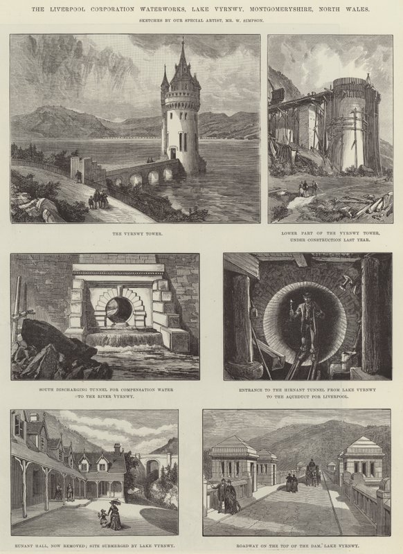 De Waterwerken van de Liverpool Corporation, Lake Vyrnwy, Montgomeryshire, Noord-Wales door William Crimea Simpson