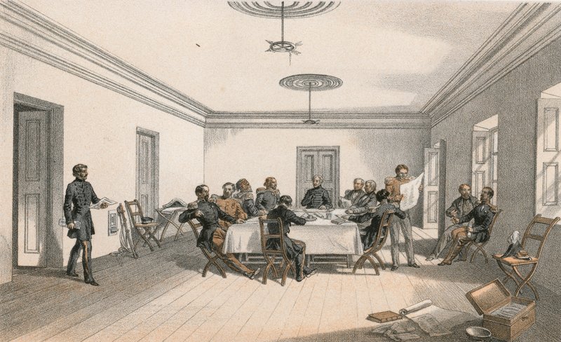 Het interieur van het hoofdkwartier van Lord Raglan, een krijgsraad door William Crimea Simpson