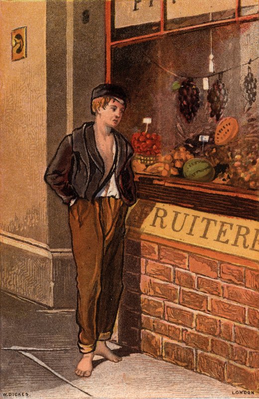Verleiding: arme jonge man kijkt in een etalage naar tropisch fruit door William Dickes