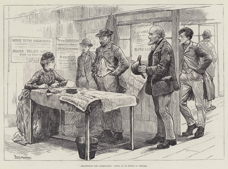 Registratie van de Werklozen, Scène in een Kantoor in Chelsea door William Douglas Almond