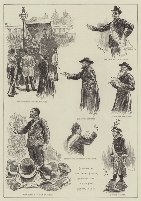 Schetsen bij de grote arbeidersdemonstratie in Hyde Park door William Douglas Almond