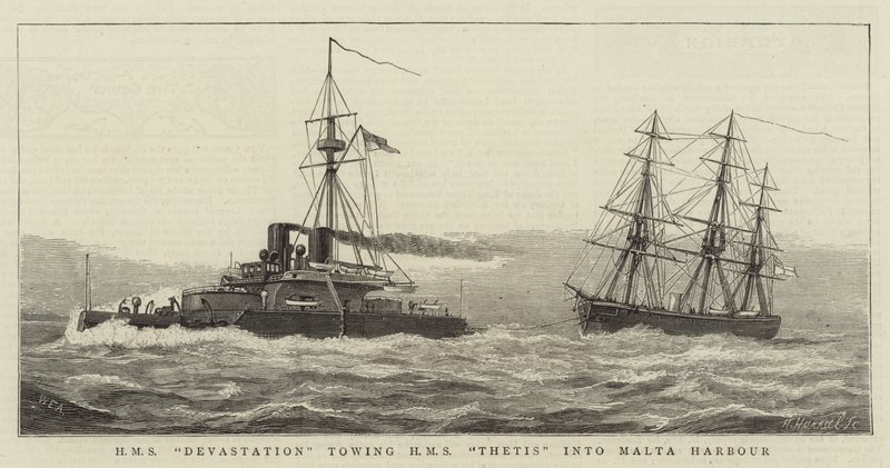 HMS Devastation sleept HMS Thetis naar de Haven van Malta door William Edward Atkins