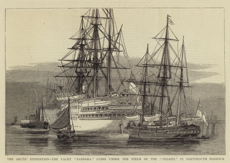 De Arctische Expeditie, het Jacht Pandora liggend onder de Achtersteven van de Serapis in de Haven van Portsmouth door William Edward Atkins