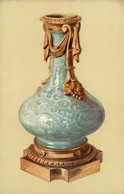 Vaas, Chinese Celadon Ware met Louis XVI, Ormolu Mount (kleur litho) door William Gibb