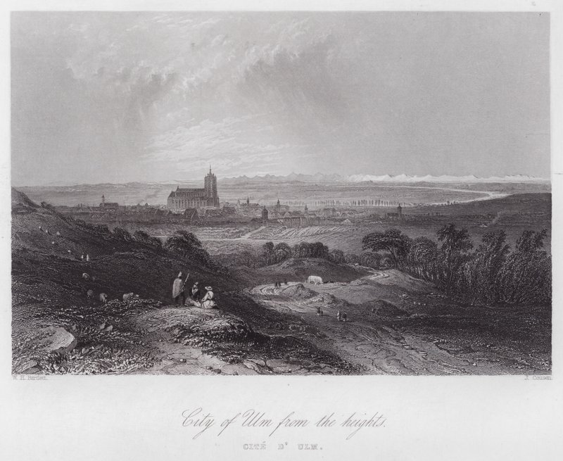 Stad Ulm vanaf de hoogten (gravure) door William H. Bartlett