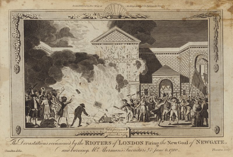 De verwoestingen veroorzaakt door de relschoppers van Londen die de nieuwe gevangenis van Newgate in brand staken door William Hamilton