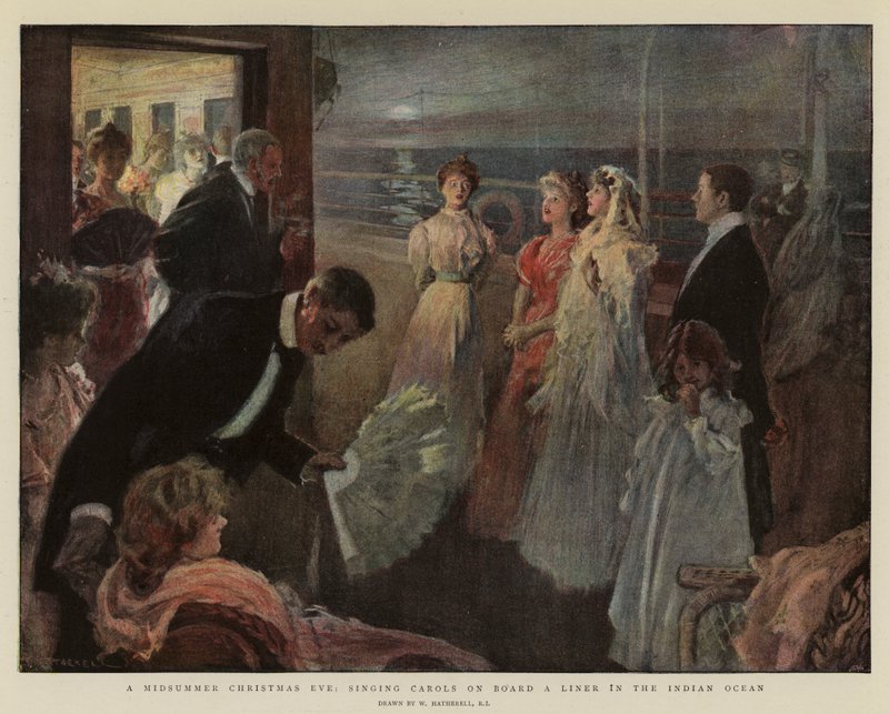 Een midzomer kerstnacht, kerstliederen zingen aan boord van een lijnschip in de Indische Oceaan door William Hatherell