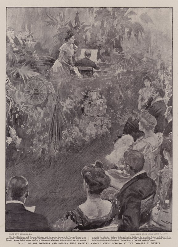 Ten behoeve van de Soldiers and Sailors Help Society, Madame Melba zingt op het concert in Dublin door William Hatherell