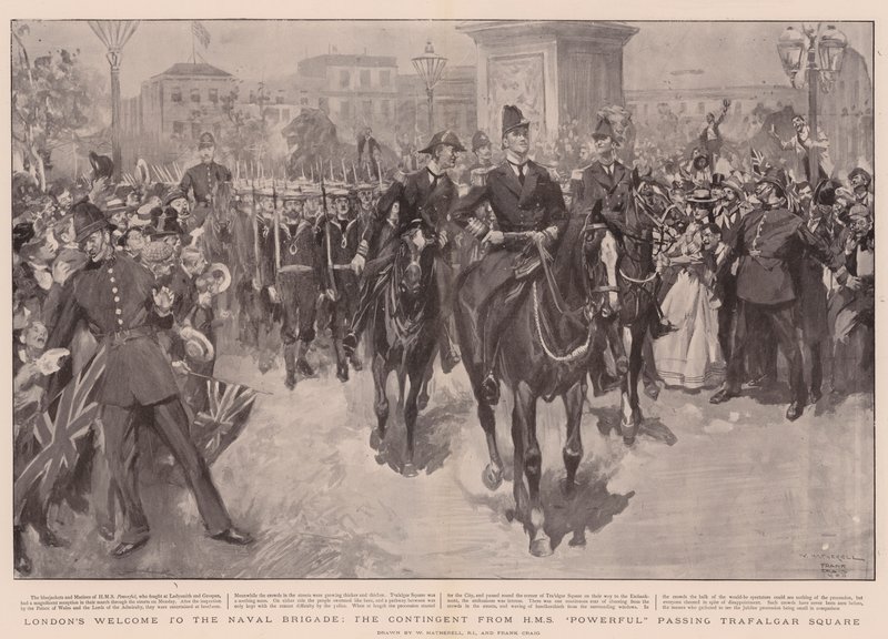 Londens welkom aan de Marine Brigade, het contingent van HMS Powerful passeert Trafalgar Square door William Hatherell