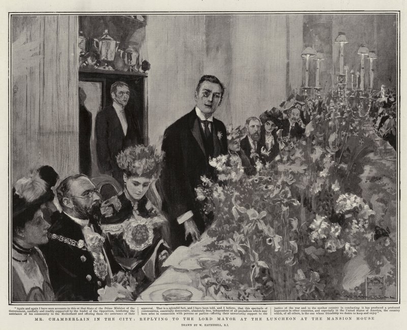 De heer Chamberlain in de stad, antwoordend aan de Lord Mayor tijdens de lunch in het Mansion House door William Hatherell