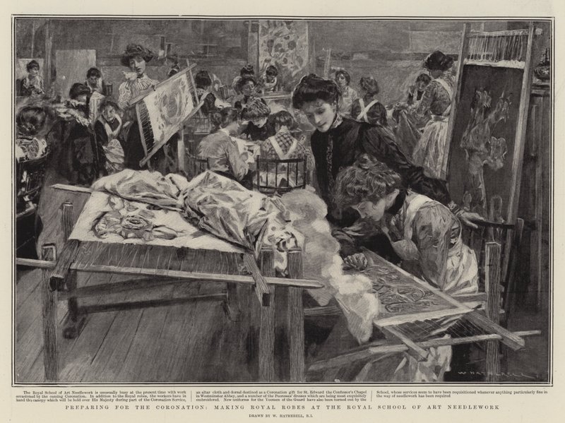 Voorbereidingen voor de Kroning, maken van Koninklijke Gewaden bij de Koninklijke School voor Kunstnaaldwerk door William Hatherell