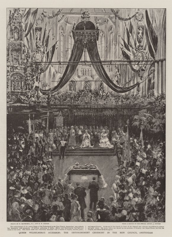 Toetreding van Koningin Wilhelmina, de Troonceremonie in de Nieuwe Kerk, Amsterdam door William Hatherell