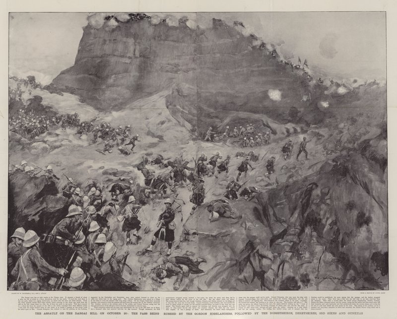 De aanval op de Dargai-heuvel op 20 oktober, de pas wordt bestormd door de Gordon Highlanders, gevolgd door de Dorsetshires, Derbyshires, 3rd Sikhs en Gurkhas door William Hatherell