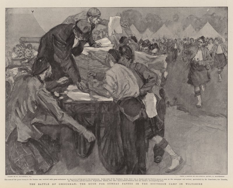 De slag bij Omdurman, de stormloop op de zondagskranten in het zuidelijke kamp in Wiltshire door William Hatherell