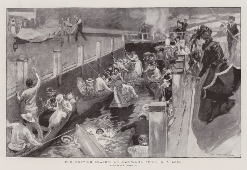 Het vaarseizoen, een ongemakkelijke val in een sluis door William Hatherell