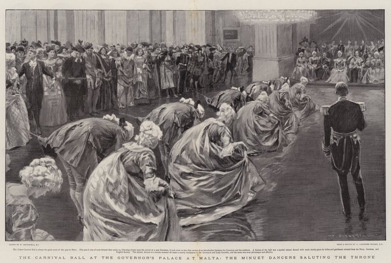 Het Carnavalbal in het Gouverneurspaleis op Malta, de Menuetdansers groeten de Troon door William Hatherell