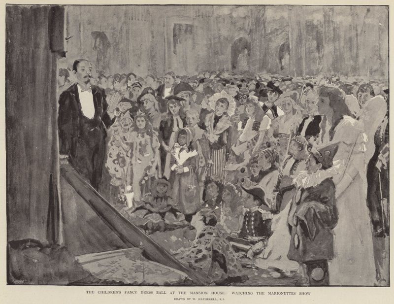 Het kinderbal in kostuum in het Mansion House, kijken naar de marionettenshow door William Hatherell