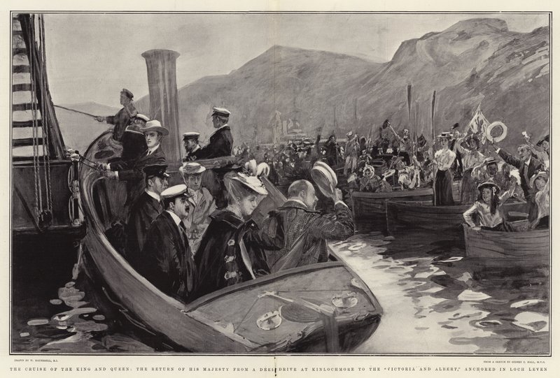 De cruise van de koning en koningin, de terugkeer van Zijne Majesteit van een hertenjacht bij Kinlochmore naar de Victoria en Albert, voor anker in Loch Leven door William Hatherell
