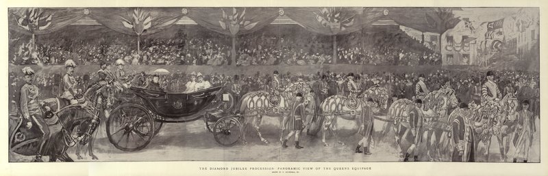 De Diamanten Jubileum Processie, Panoramisch uitzicht op de Uitrusting van de Koningin door William Hatherell