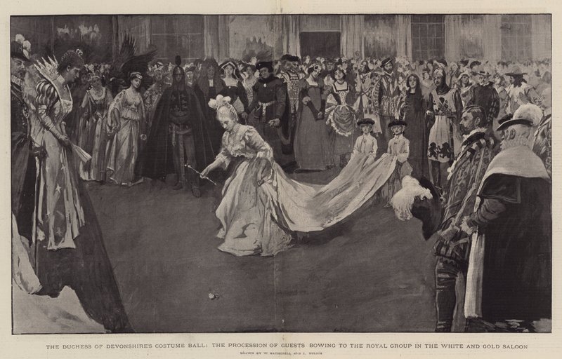 Het kostuumbal van de hertogin van Devonshire, de processie van gasten die buigen voor de koninklijke groep in de witte en gouden salon, 1897 door William Hatherell