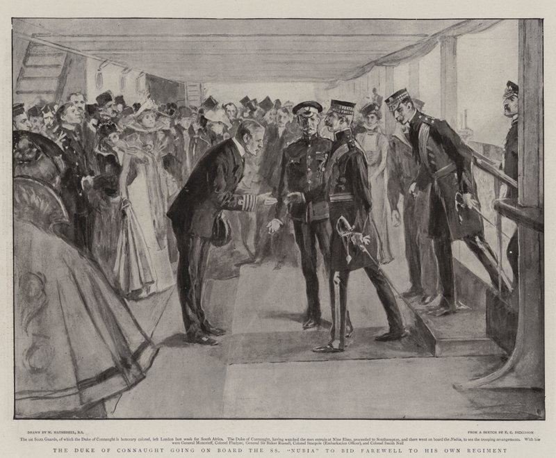 De Hertog van Connaught gaat aan boord van de SS Nubia om afscheid te nemen van zijn eigen regiment door William Hatherell