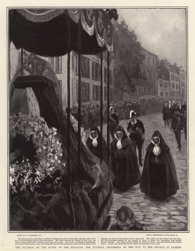 De begrafenis van de koningin van de Belgen, de begrafenisstoet op weg naar de kerk in Laken door William Hatherell