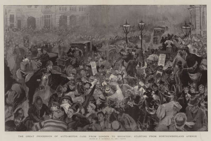 De grote processie van automobielen van Londen naar Brighton, startend vanaf Northumberland Avenue door William Hatherell