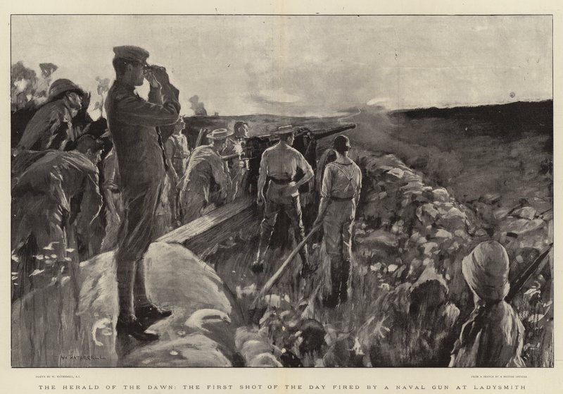 De heraut van de dageraad, het eerste schot van de dag afgevuurd door een marinekanon bij Ladysmith door William Hatherell
