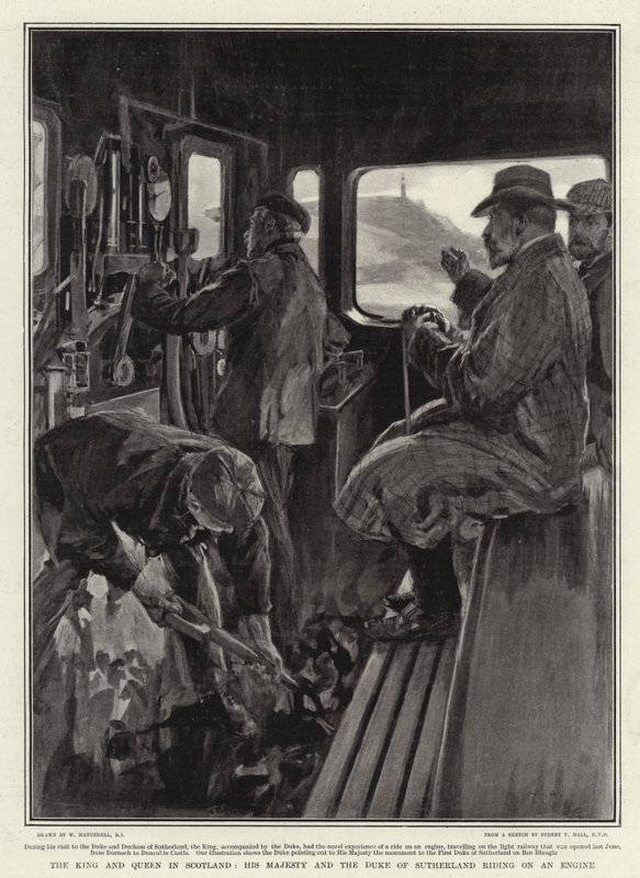 De koning en koningin in Schotland, Zijne Majesteit en de hertog van Sutherland rijden op een locomotief door William Hatherell