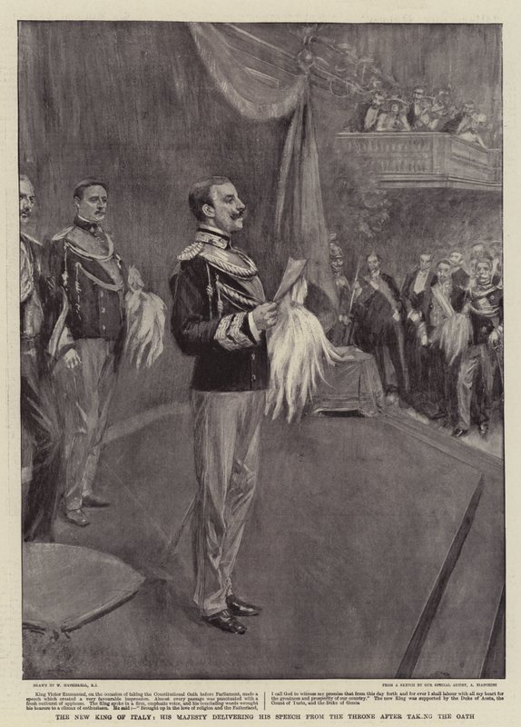 De nieuwe koning van Italië, Zijne Majesteit houdt zijn toespraak vanaf de troon na het afleggen van de eed door William Hatherell