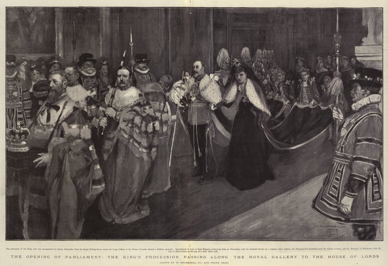 De opening van het parlement, de processie van de koning langs de Koninklijke Galerij naar het Hogerhuis door William Hatherell