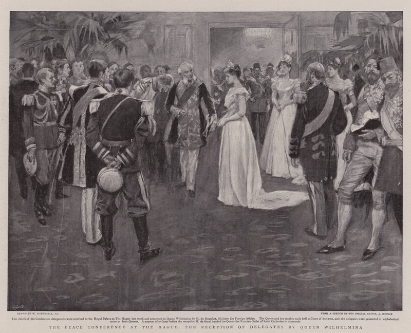 De Vredesconferentie in Den Haag, de ontvangst van afgevaardigden door koningin Wilhelmina door William Hatherell